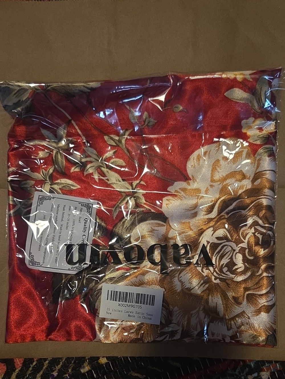 Red Floral Satin Scarf with Gold and Cream Flower Print